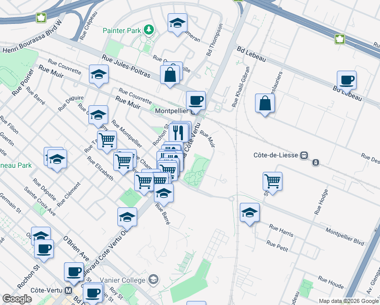 map of restaurants, bars, coffee shops, grocery stores, and more near 550 Boulevard de la Côte-Vertu in Montréal