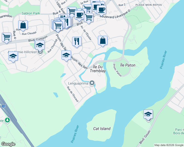 map of restaurants, bars, coffee shops, grocery stores, and more near 2555 Avenue du Havre des Îles in Laval