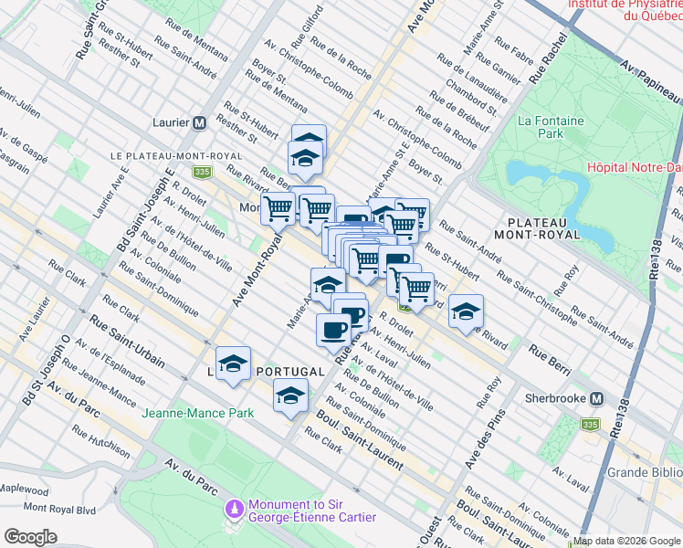 map of restaurants, bars, coffee shops, grocery stores, and more near 4314 Rue Saint-Denis in Montréal