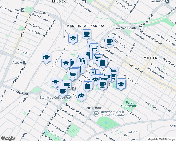 map of restaurants, bars, coffee shops, grocery stores, and more near 769 Avenue Bloomfield in Montréal