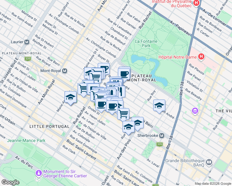 map of restaurants, bars, coffee shops, grocery stores, and more near 619 Avenue Duluth Est in Montréal