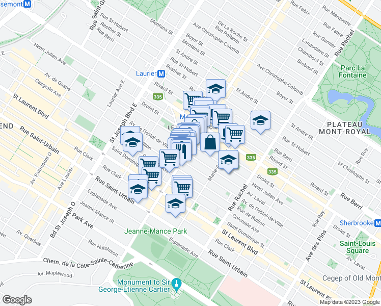 map of restaurants, bars, coffee shops, grocery stores, and more near 250 Avenue du Mont-Royal Est in Montréal