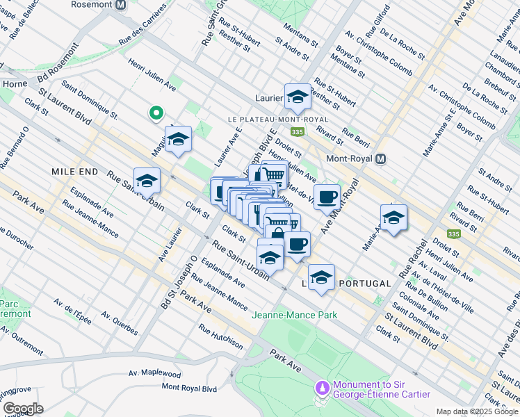 map of restaurants, bars, coffee shops, grocery stores, and more near 75 Rue Villeneuve Est in Montréal