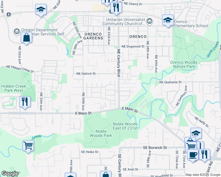 map of restaurants, bars, coffee shops, grocery stores, and more near 6411 Northeast Meadowgate Court in Hillsboro