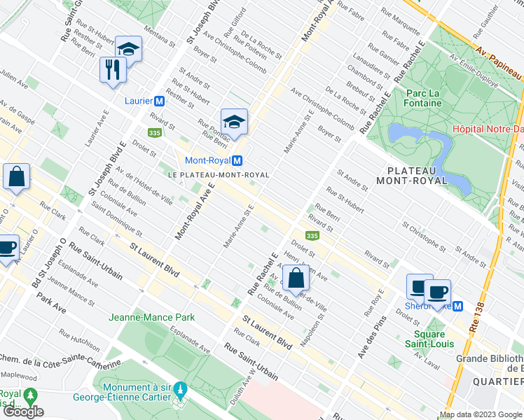 map of restaurants, bars, coffee shops, grocery stores, and more near 4314 Rue Saint-Denis in Montréal