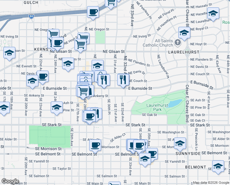 map of restaurants, bars, coffee shops, grocery stores, and more near 3087 Southeast Ankeny Street in Portland