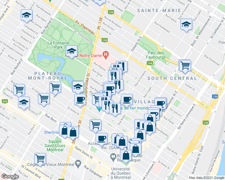 map of restaurants, bars, coffee shops, grocery stores, and more near 1311 Rue Ontario Est in Montréal