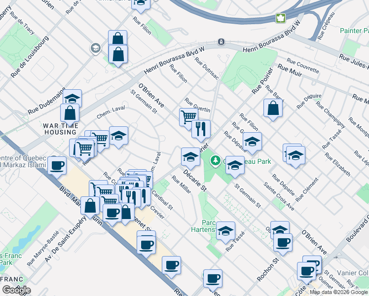 map of restaurants, bars, coffee shops, grocery stores, and more near 1415 Painter Circle in Montrã©Al