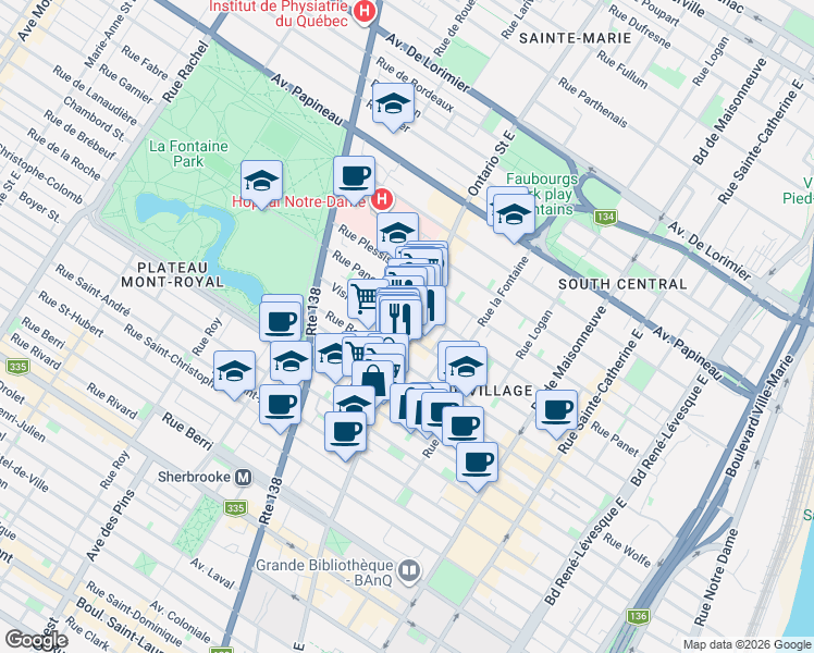 map of restaurants, bars, coffee shops, grocery stores, and more near 1311 Rue Ontario Est in Montréal
