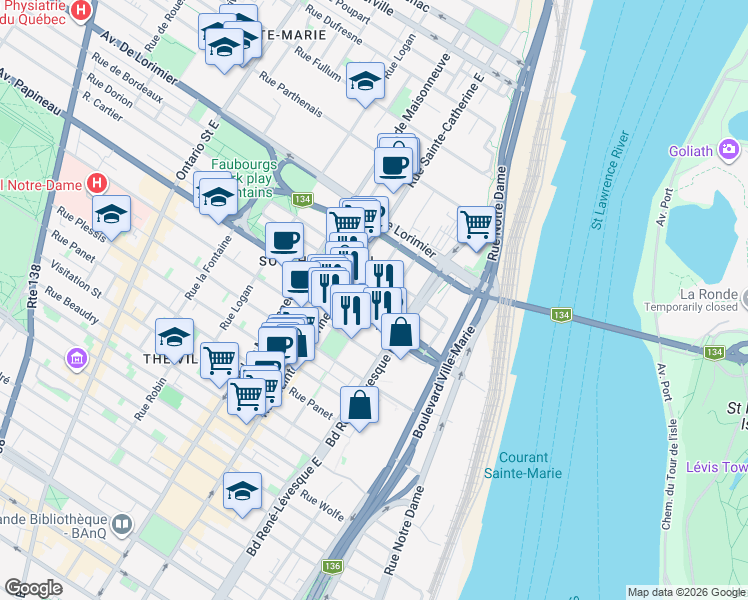 map of restaurants, bars, coffee shops, grocery stores, and more near 1825 Rue Sainte-Rose in Montreal