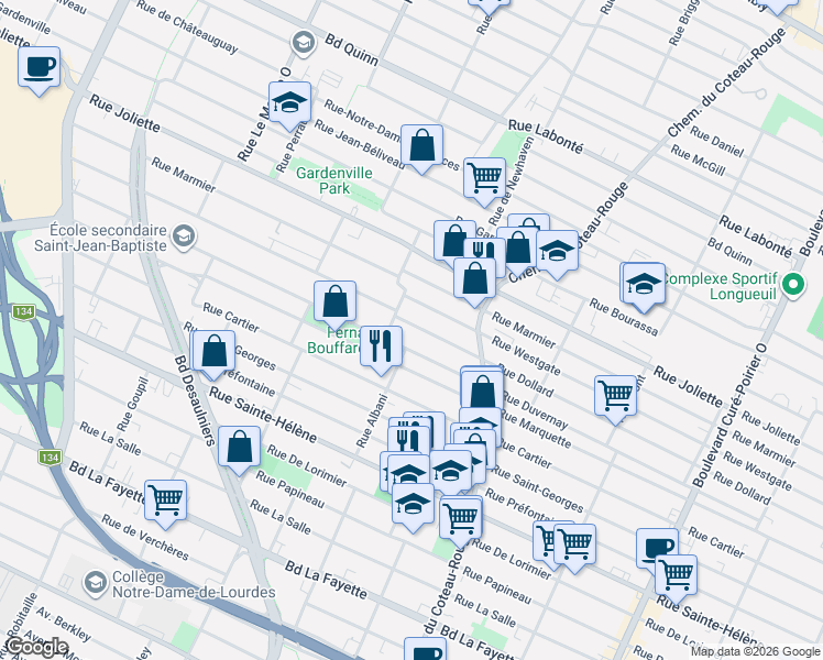 map of restaurants, bars, coffee shops, grocery stores, and more near 1088 Rue Dollard in Longueuil