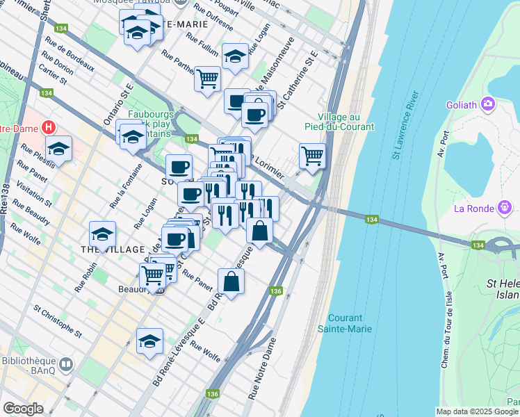 map of restaurants, bars, coffee shops, grocery stores, and more near 1181 Rue Cartier in Montréal