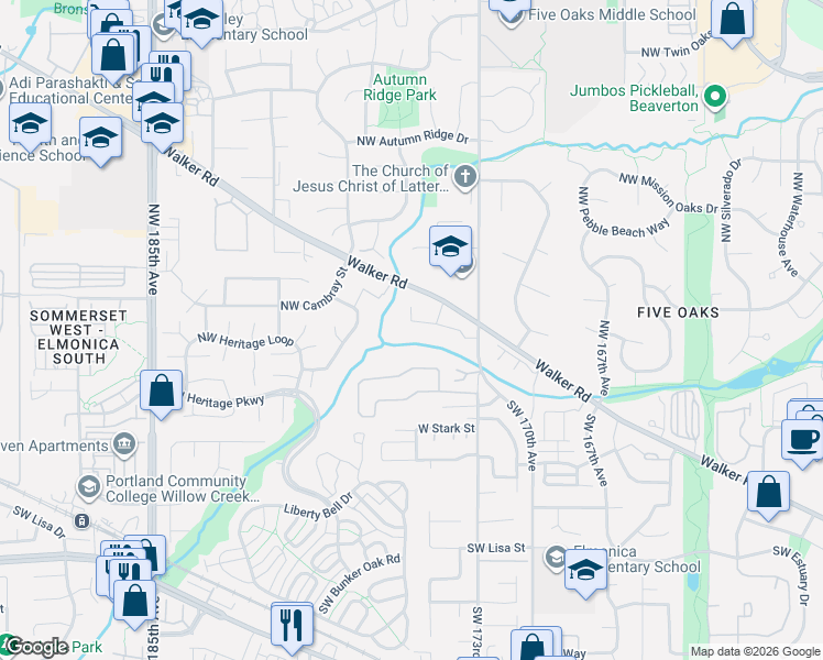 map of restaurants, bars, coffee shops, grocery stores, and more near 17516 Northwest Bernard Place in Beaverton