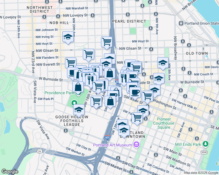 map of restaurants, bars, coffee shops, grocery stores, and more near 621 Southwest 16th Avenue in Portland
