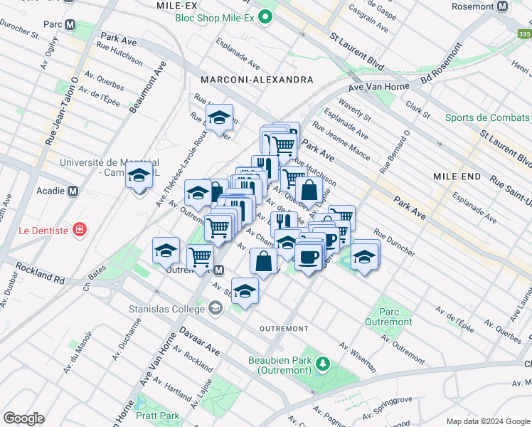 map of restaurants, bars, coffee shops, grocery stores, and more near 769 Avenue Bloomfield in Montréal
