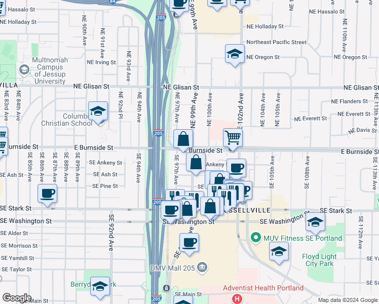 map of restaurants, bars, coffee shops, grocery stores, and more near 9848 E Burnside St in Portland