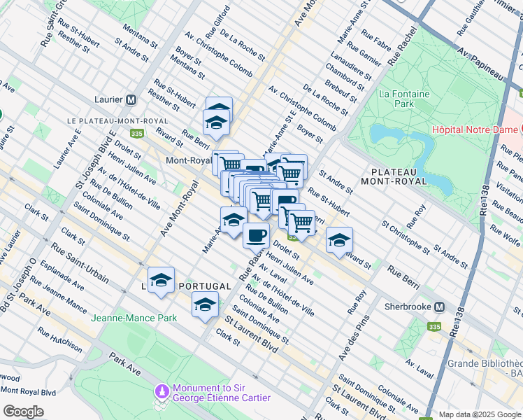 map of restaurants, bars, coffee shops, grocery stores, and more near 4271 Rue Saint-Denis in Montréal