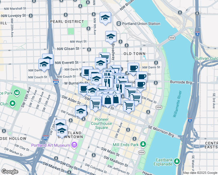 map of restaurants, bars, coffee shops, grocery stores, and more near in Portland