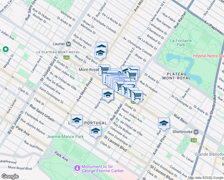 map of restaurants, bars, coffee shops, grocery stores, and more near in Montreal