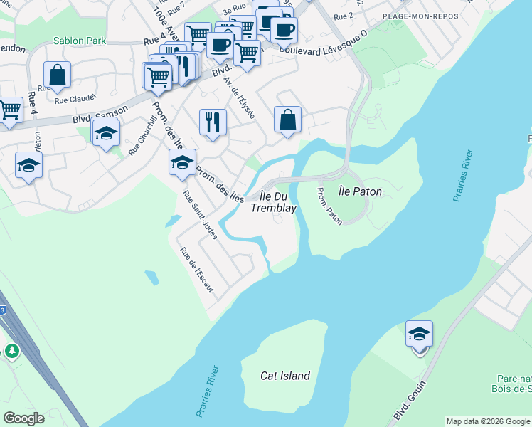 map of restaurants, bars, coffee shops, grocery stores, and more near 2555 Avenue du Havre des Îles in Laval