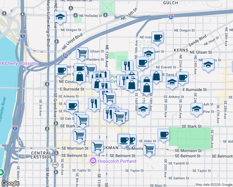 map of restaurants, bars, coffee shops, grocery stores, and more near 1302 Southeast Ankeny Street in Portland