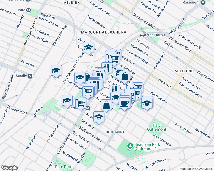 map of restaurants, bars, coffee shops, grocery stores, and more near 769 Avenue Bloomfield in Montréal