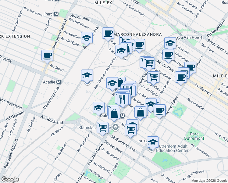 map of restaurants, bars, coffee shops, grocery stores, and more near 1277 Avenue Ducharme in Montréal