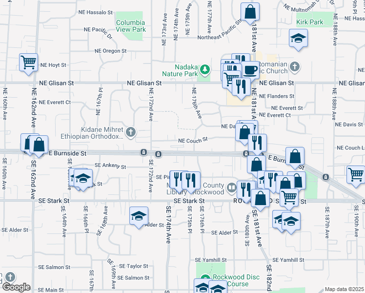 map of restaurants, bars, coffee shops, grocery stores, and more near 17400 East Burnside Street in Portland