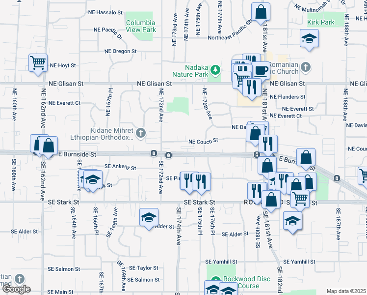 map of restaurants, bars, coffee shops, grocery stores, and more near 17400 East Burnside Street in Portland