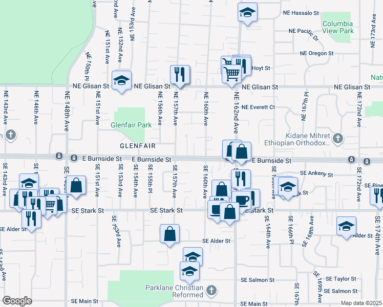 map of restaurants, bars, coffee shops, grocery stores, and more near 15900 East Burnside Street in Portland