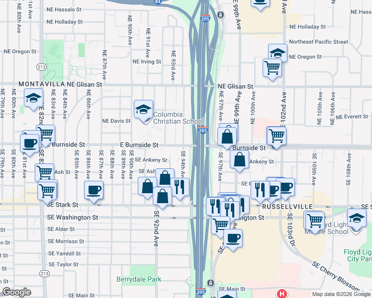 map of restaurants, bars, coffee shops, grocery stores, and more near 44 Southeast 94th Avenue in Portland