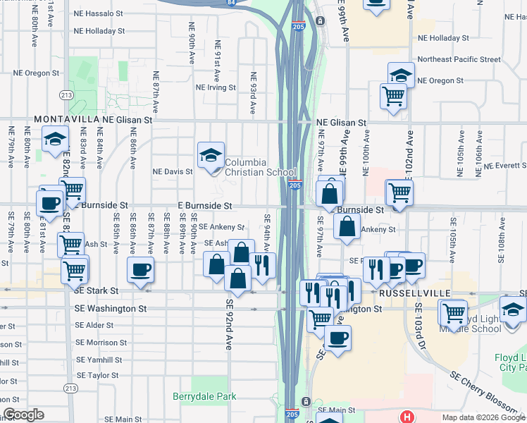 map of restaurants, bars, coffee shops, grocery stores, and more near 44 Southeast 94th Avenue in Portland