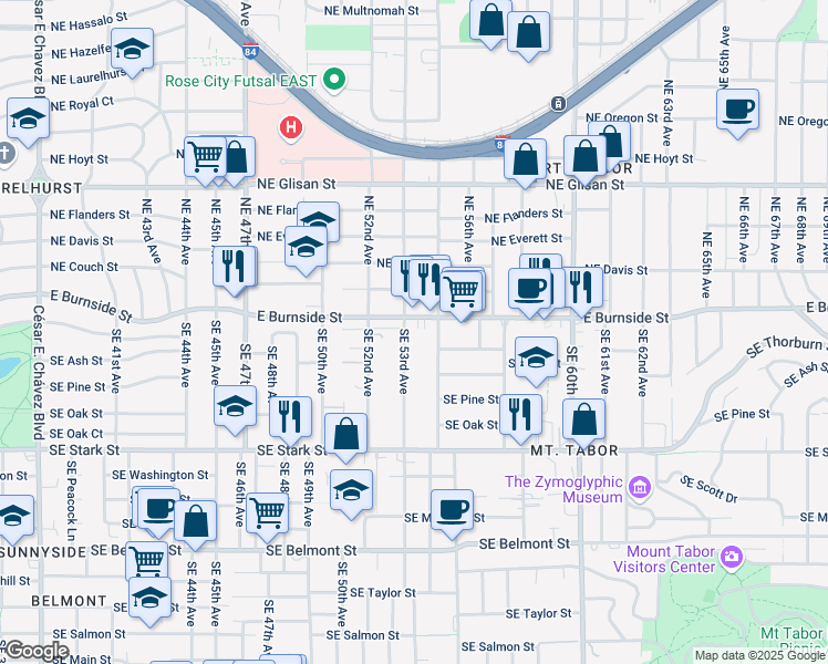 map of restaurants, bars, coffee shops, grocery stores, and more near 52 Southeast 53rd Avenue in Portland