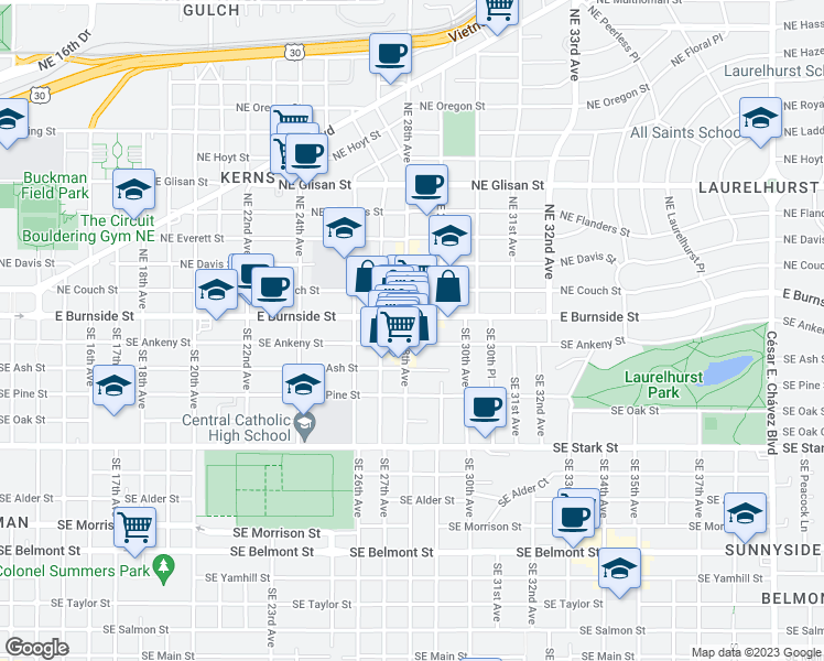 map of restaurants, bars, coffee shops, grocery stores, and more near 2806 Southeast Ankeny Street in Portland