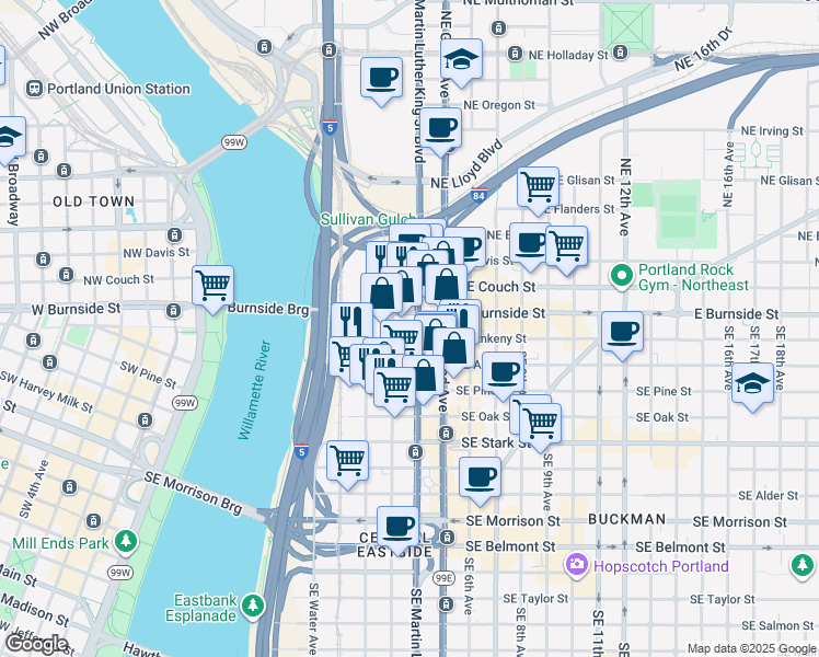 map of restaurants, bars, coffee shops, grocery stores, and more near 6 Southeast 3rd Avenue in Portland