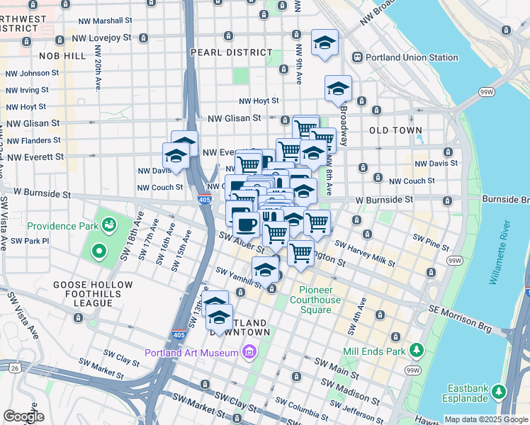 map of restaurants, bars, coffee shops, grocery stores, and more near 511 Southwest 10th Avenue in Portland