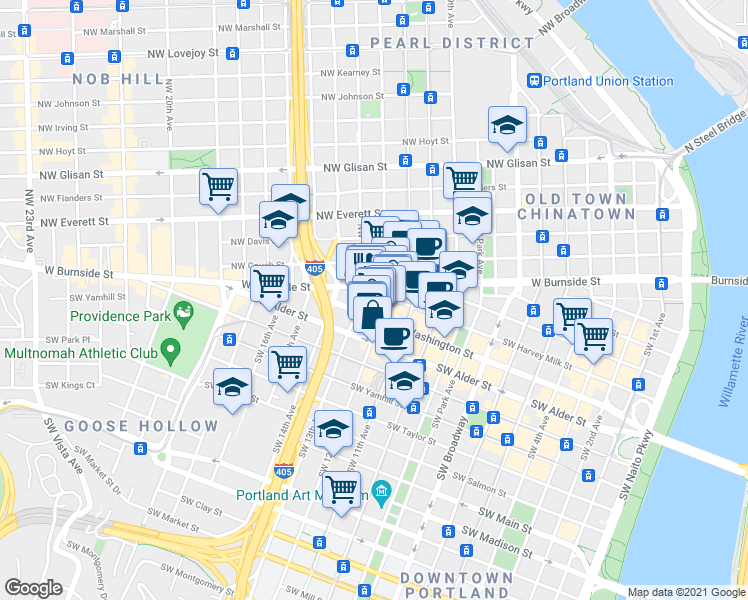 map of restaurants, bars, coffee shops, grocery stores, and more near 1205 Southwest Washington Street in Portland