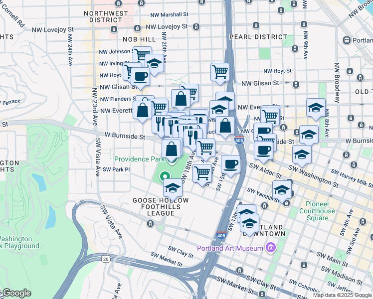 map of restaurants, bars, coffee shops, grocery stores, and more near 1844 Southwest Morrison Street in Portland