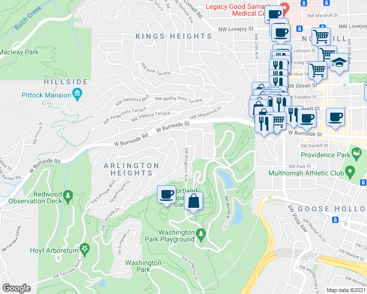 map of restaurants, bars, coffee shops, grocery stores, and more near 2767 Southwest Rutland Terrace in Portland