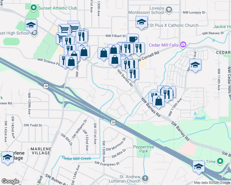map of restaurants, bars, coffee shops, grocery stores, and more near 12356 Northwest Barnes Road in Portland