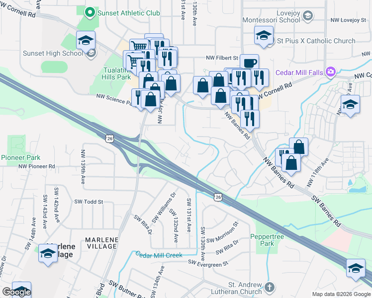 map of restaurants, bars, coffee shops, grocery stores, and more near 13025 Northwest Glenridge Drive in Portland