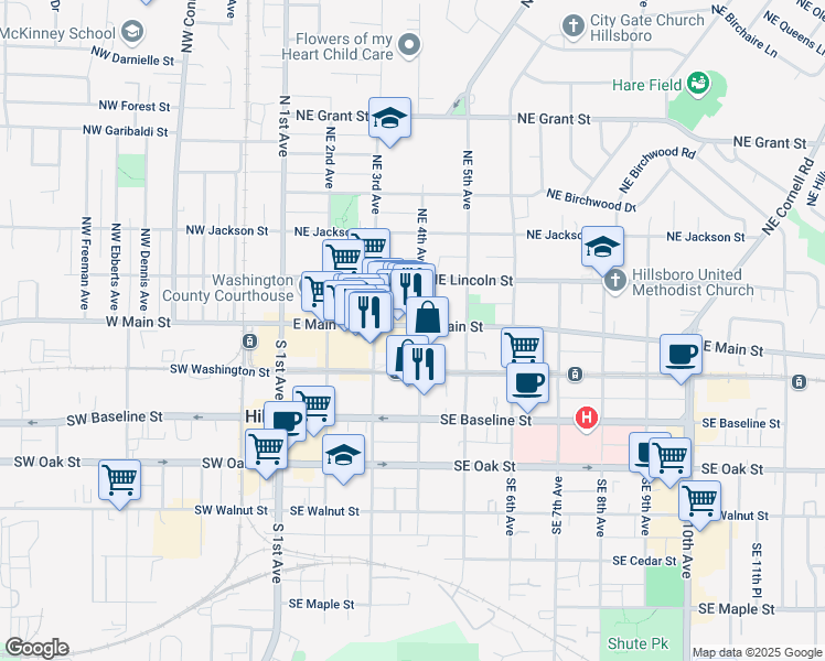 map of restaurants, bars, coffee shops, grocery stores, and more near in Hillsboro