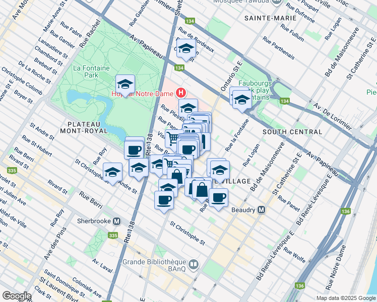 map of restaurants, bars, coffee shops, grocery stores, and more near 2025 Rue de la Visitation in Montréal