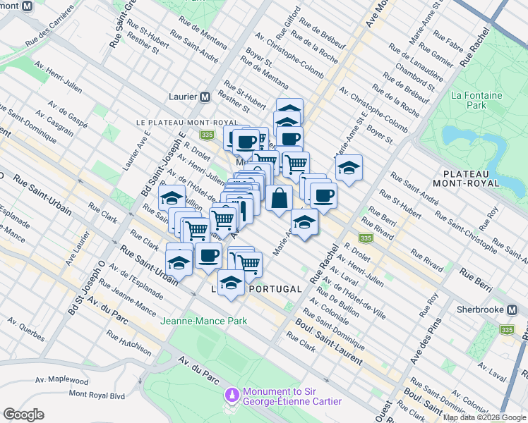 map of restaurants, bars, coffee shops, grocery stores, and more near 4444 Avenue Henri-Julien in Montrã©Al