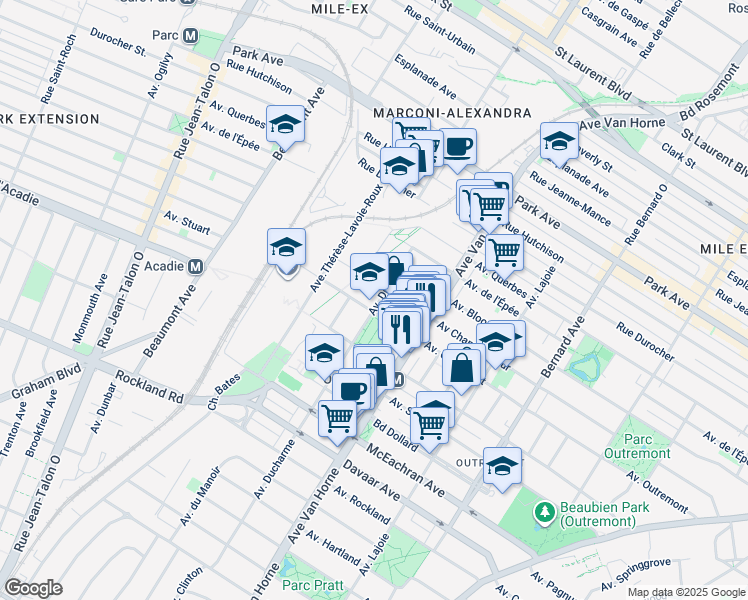 map of restaurants, bars, coffee shops, grocery stores, and more near 1277 Avenue Ducharme in Montréal