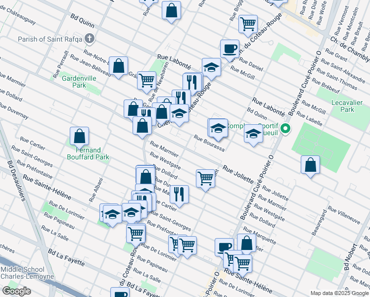 map of restaurants, bars, coffee shops, grocery stores, and more near Rue Joliette in Longueuil