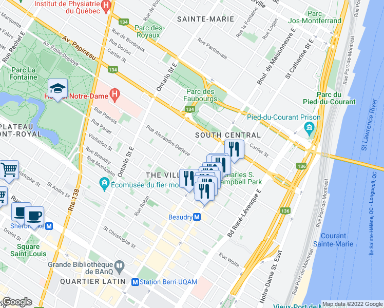 map of restaurants, bars, coffee shops, grocery stores, and more near 1629 Rue Alexandre-DeSève in Montréal
