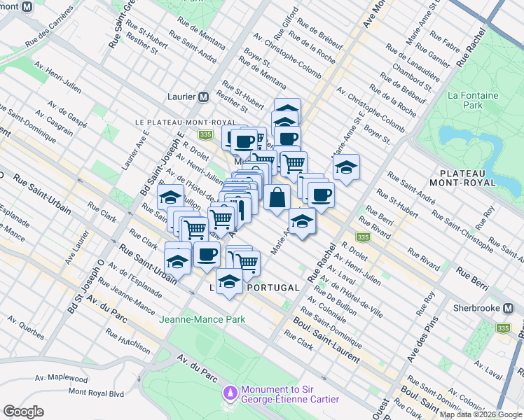 map of restaurants, bars, coffee shops, grocery stores, and more near 4444 Avenue Henri-Julien in Montrã©Al
