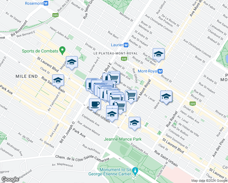 map of restaurants, bars, coffee shops, grocery stores, and more near 4679 Avenue Coloniale in Montréal
