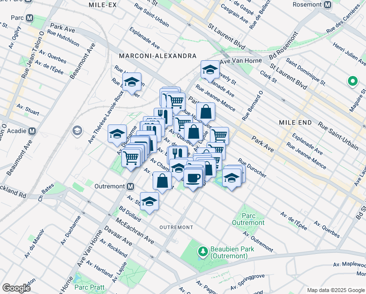 map of restaurants, bars, coffee shops, grocery stores, and more near 733 Avenue de l'Épée in Montréal
